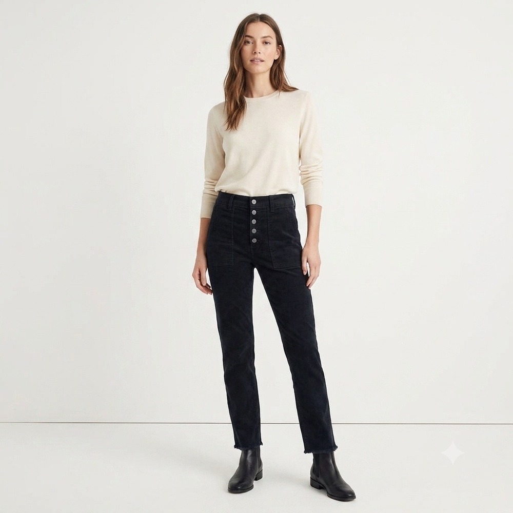 Loft Pants Women 0 Black High Rise Button Fly Frayed Hem Utility Straight Leg